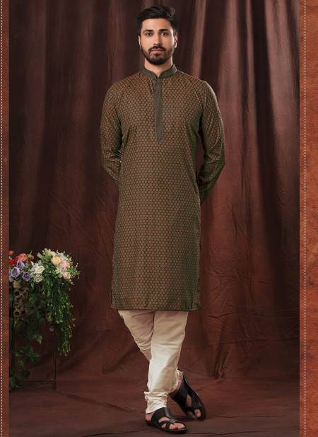 Mehendi Colour Party Wear Mens Poly Kurta Pajama Collection IV-KP-12